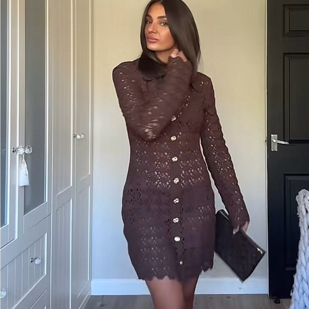 H&M DARK BROWN CROCHET-LOOK DRESS SIZE S - Picture 4 of 12